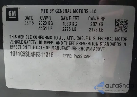 2015 Chevrolet Malibu 1Lt из США, поврежденный, VIN 1G11C5SL4FF311316